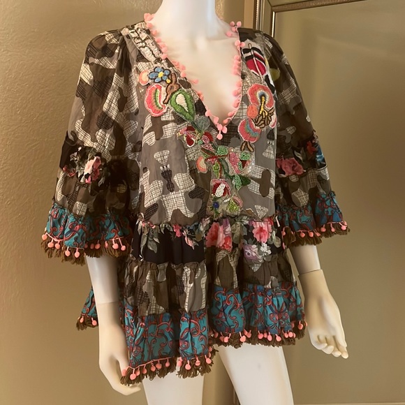 Antica Sartoria Tops - Antica Sartoria Camo Embellished Pom Pom Tunic Top